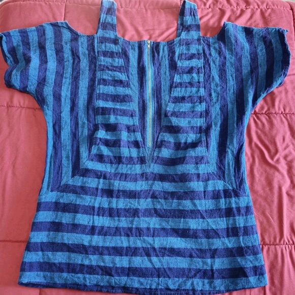 Soft Surroundings Women Blue Striped Sunset Cold Shoulder Linen Tunic Top Med - Picture 5 of 9